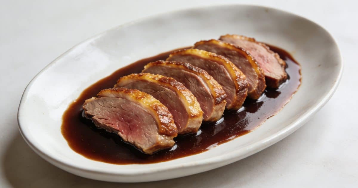 Assiette de canard tranche nappe de sauce brune
