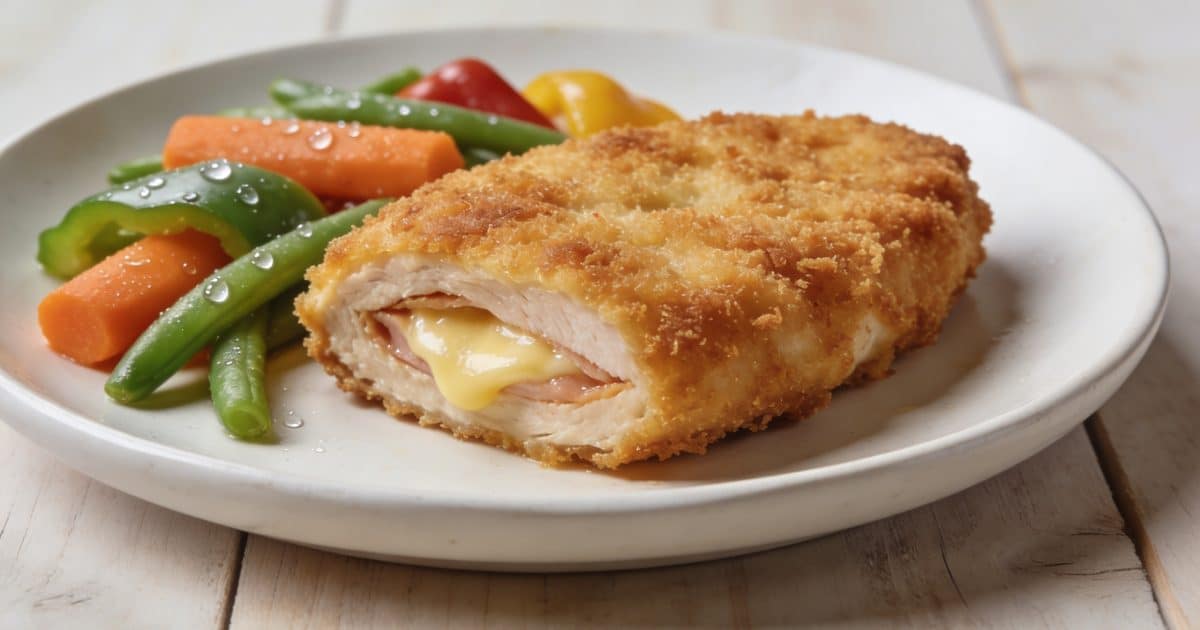 Assiette avec cordon bleu et legumes colores vapeur