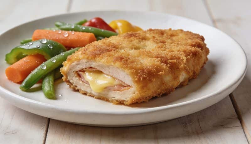 Assiette avec cordon bleu et legumes colores vapeur