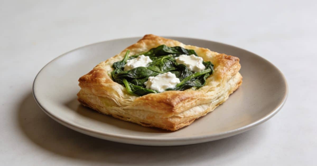 Assiette en gros plan avec feuillete epinards chevre