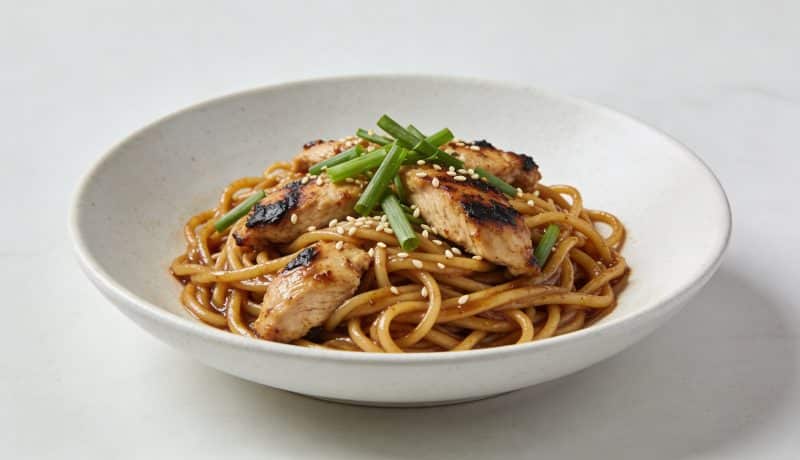 Assiette de nouilles sautees au poulet fumant