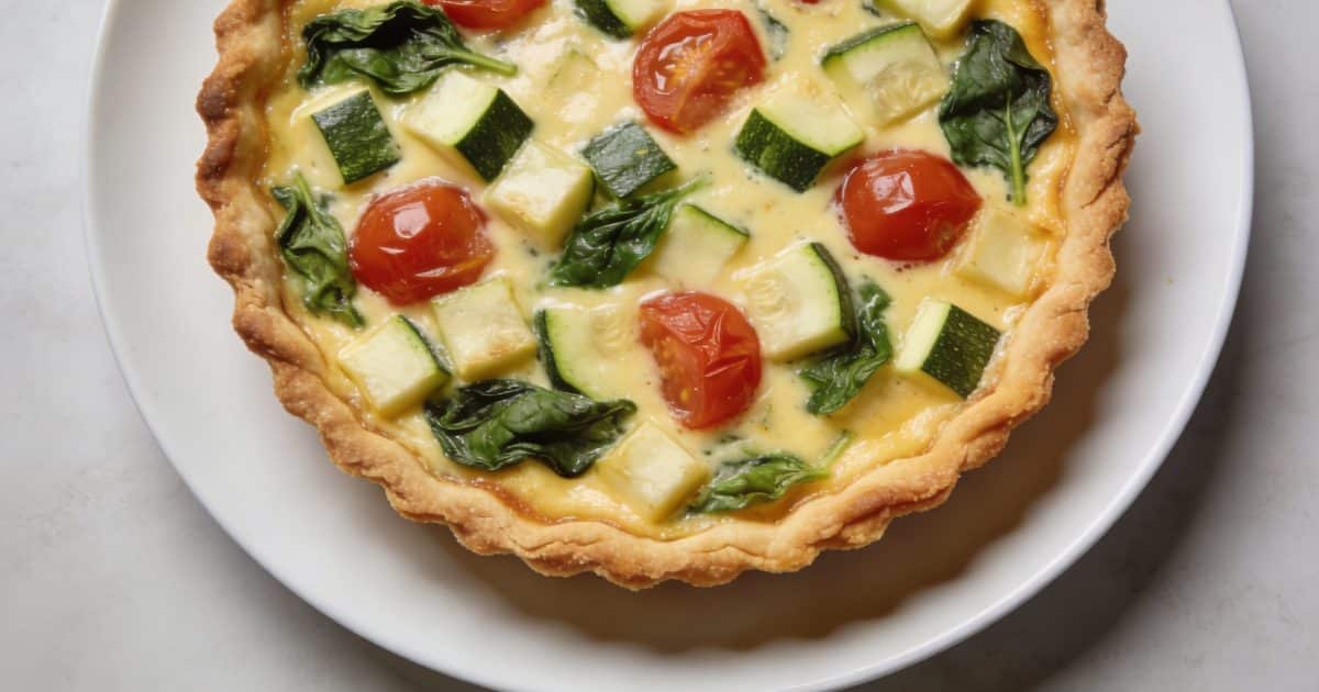 Assiette de quiche aux legumes vue de dessus