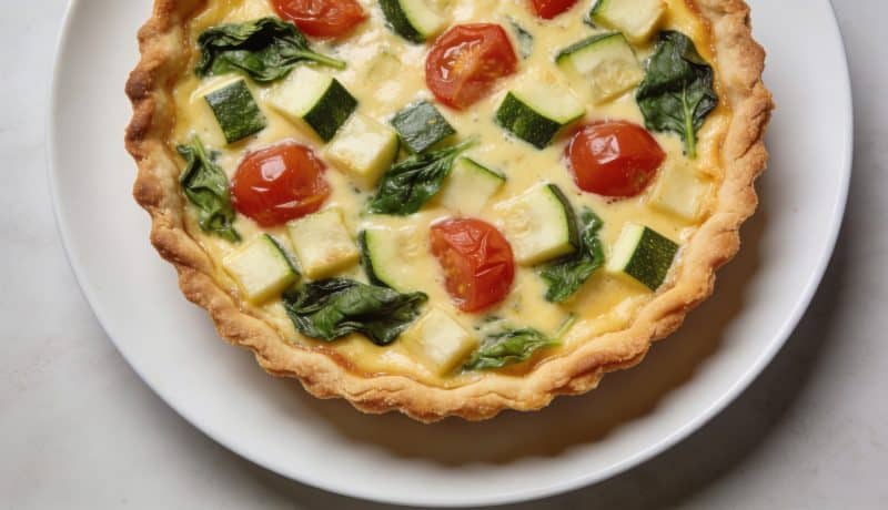 Assiette de quiche aux legumes vue de dessus