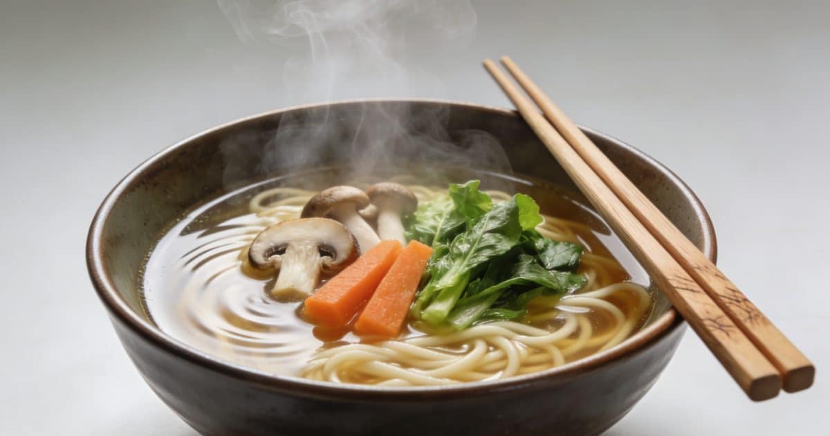 Bol de ramen vegetarien fumant avec baguettes en bois