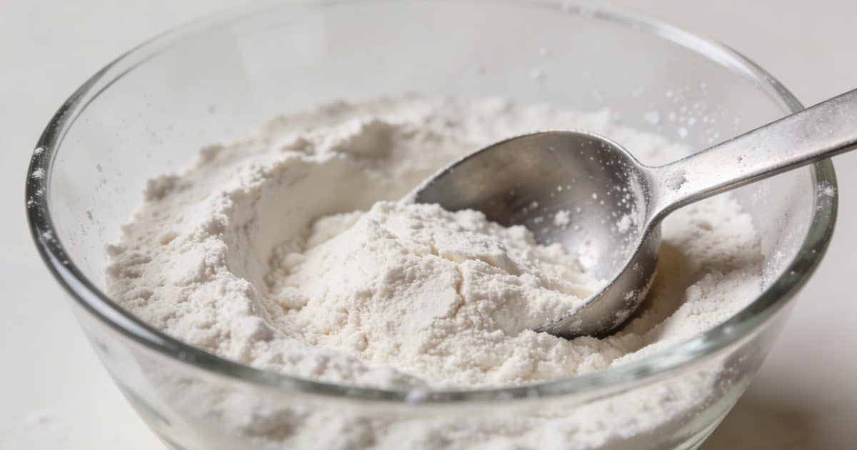 Bol en verre avec cuillere mesurant farine blanche