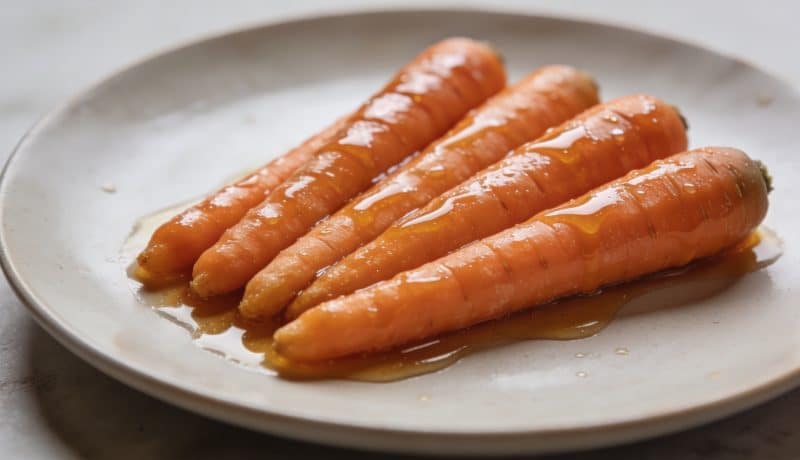 Plat de carottes glacees au miel sur plaque