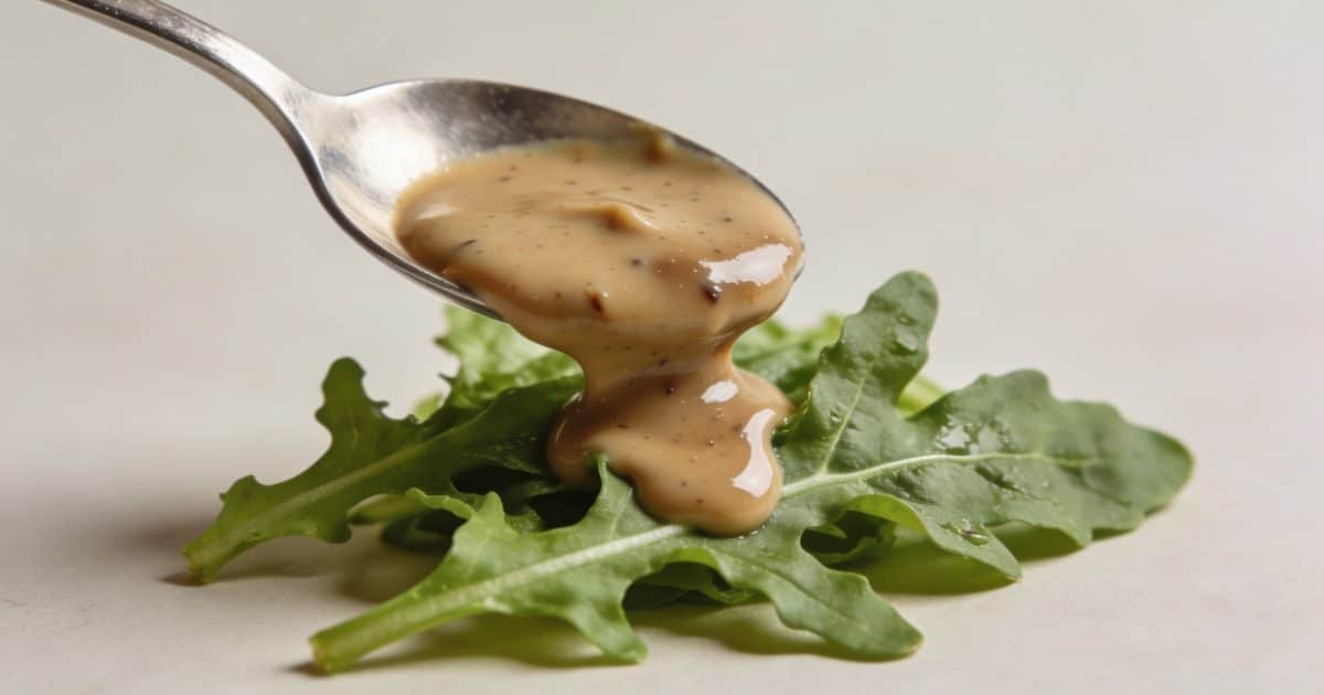 Cuillere nappant salade de roquette de creme balsamique