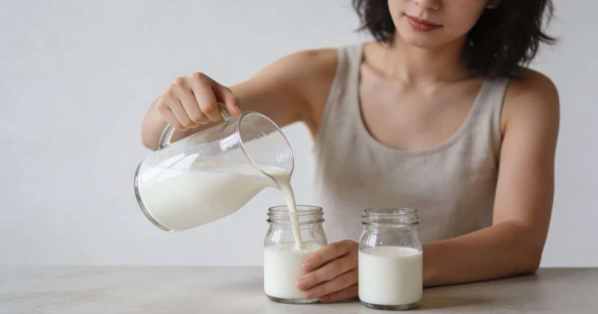Femme verse du lait dans petits pots en verre