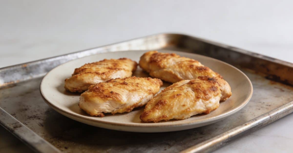 Plat de filets de poulet dores sur plaque de cuisson