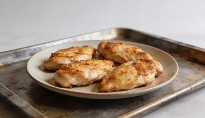 Plat de filets de poulet dores sur plaque de cuisson