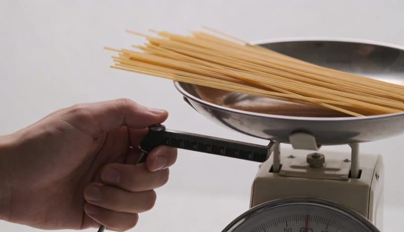 Main tenant une balance de cuisine pesant des spaghettis