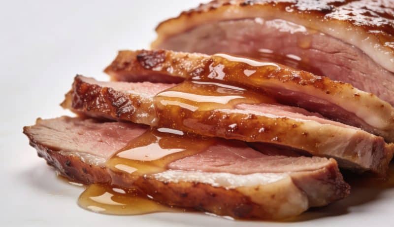 Magret de canard tranche nappe de sauce miel