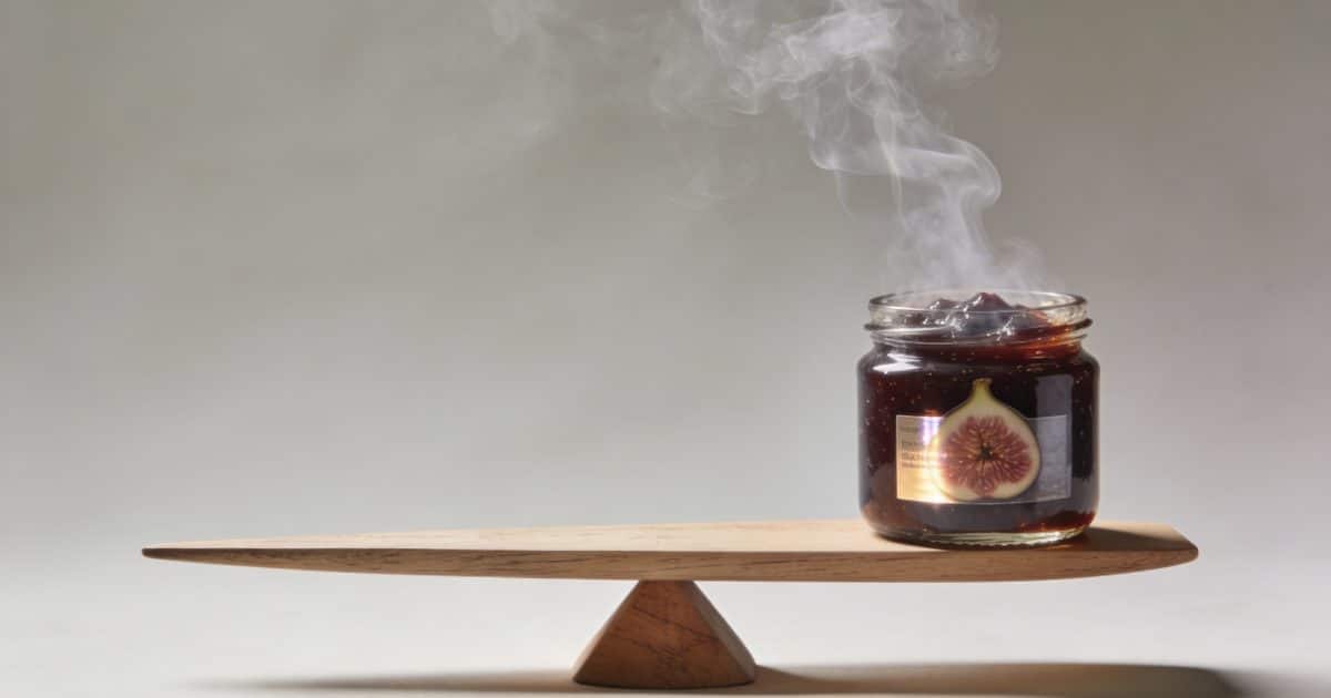 Marmite de confiture de figues fumante sur balance