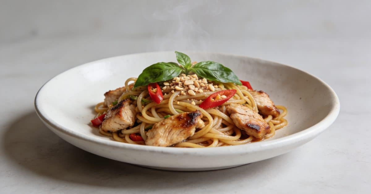 Assiette de nouilles sautees au poulet thai fumant
