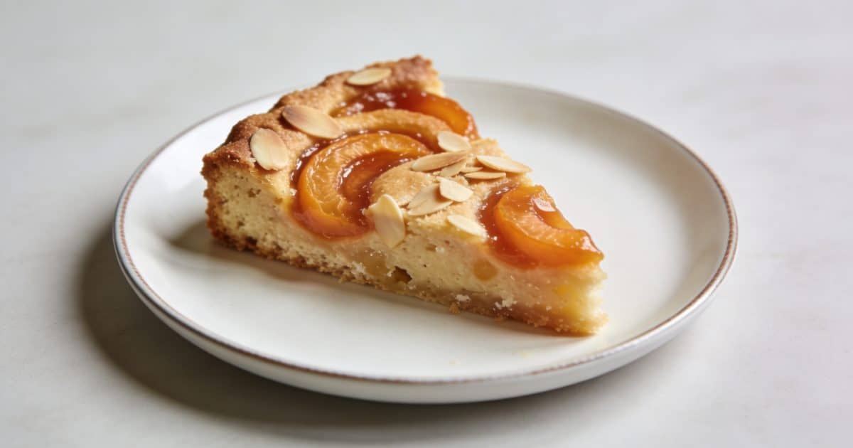 Part de gateau abricot amande sur assiette blanche