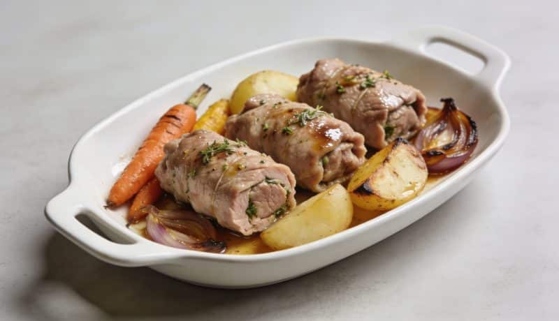 Assiette de paupiettes de veau avec legumes rots