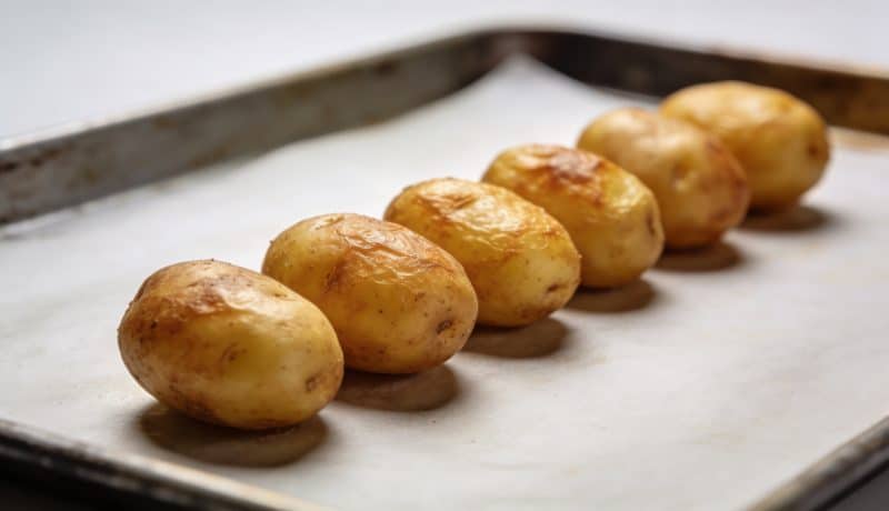 Petites pommes de terre dorees alignees sur plaque de cuisson