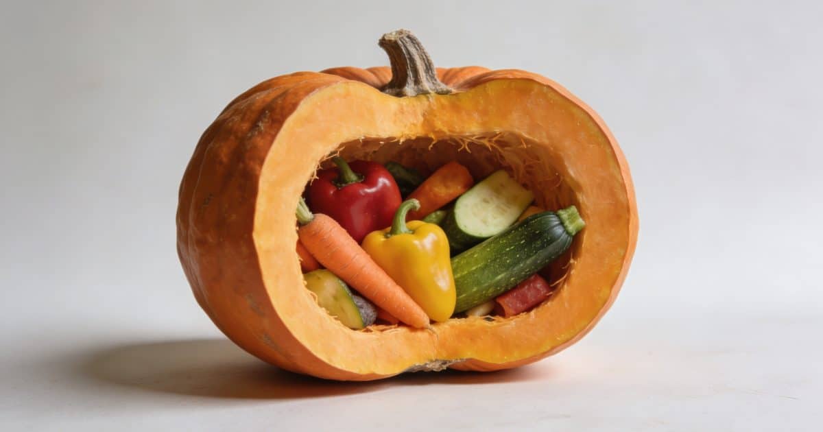 Plat de courge ouverte remplie de legumes colorés