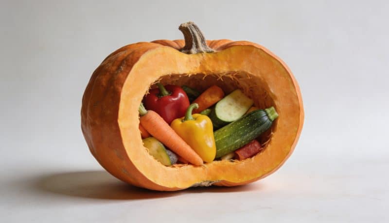 Plat de courge ouverte remplie de legumes colorés