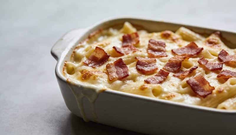 Plat de pates cremoses au four avec lardons