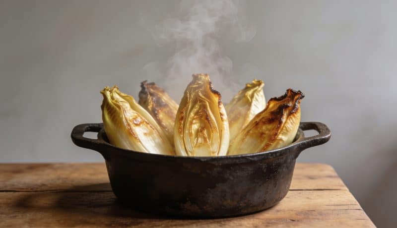 Poele en fonte avec endives dorees et fumantes