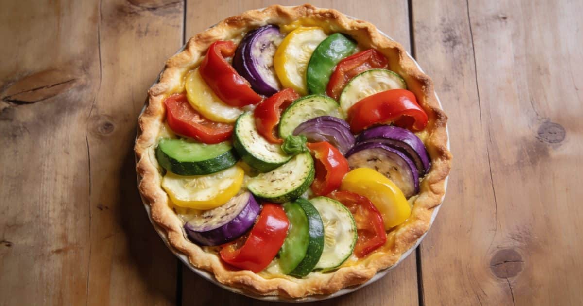 Tarte aux legumes colores sur table en bois
