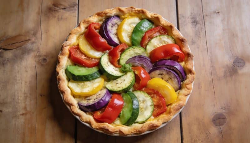 Tarte aux legumes colores sur table en bois