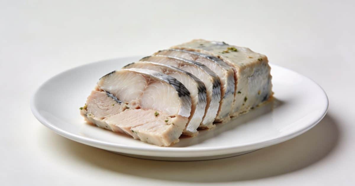 Terrine de poisson tranchee sur assiette blanche