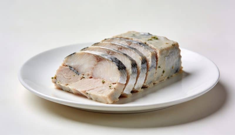 Terrine de poisson tranchee sur assiette blanche