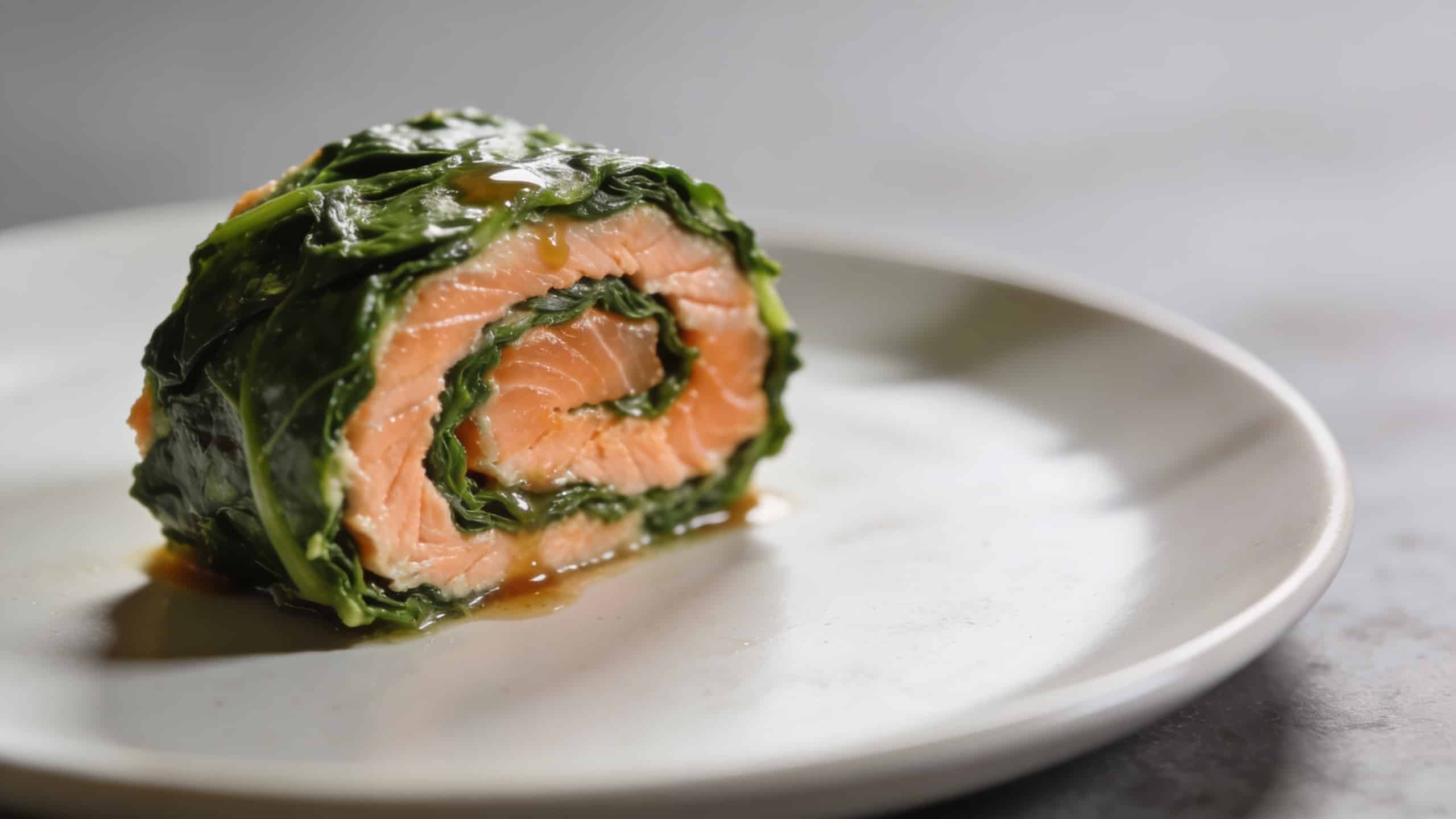 Tranche de roulade epinards saumon sur assiette blanche
