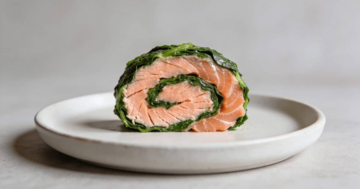 Tranche de roulade saumon epinards sur assiette