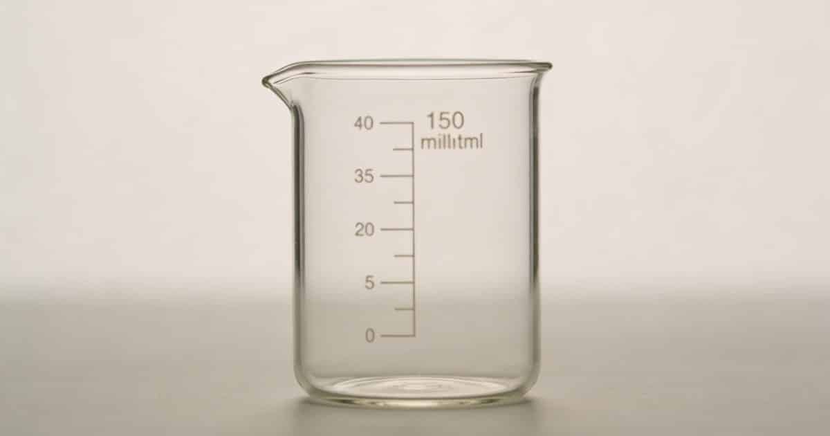 Verre doseur transparent sur table indiquant 150 millilitres
