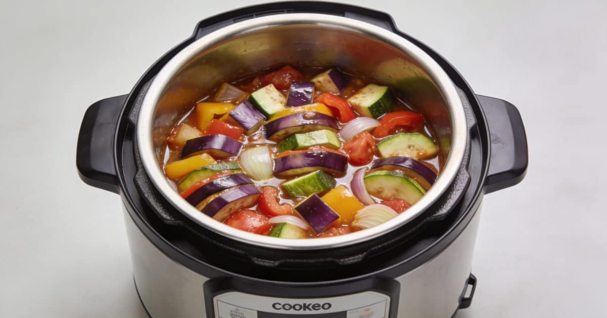 Vue plongeante sur marmite cookeo pleine de ratatouille